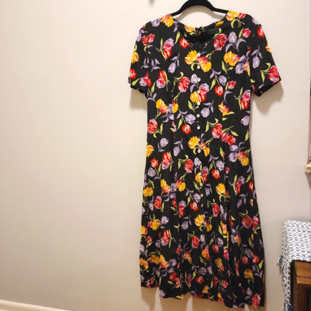 Silk Dress Black Tulip Print 100% Silk August Silk Dress Raw Hem